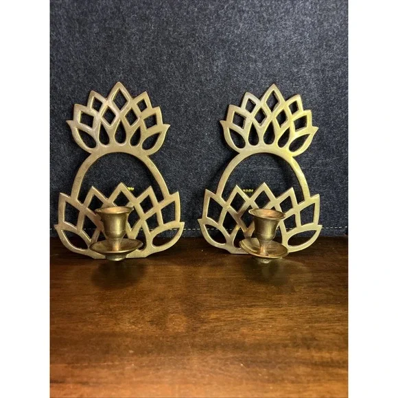 Pair Of Brass Pineapple Wall Mount Candle Holder 7" Tall 5" Wide EUC India - Picture 1 of 7